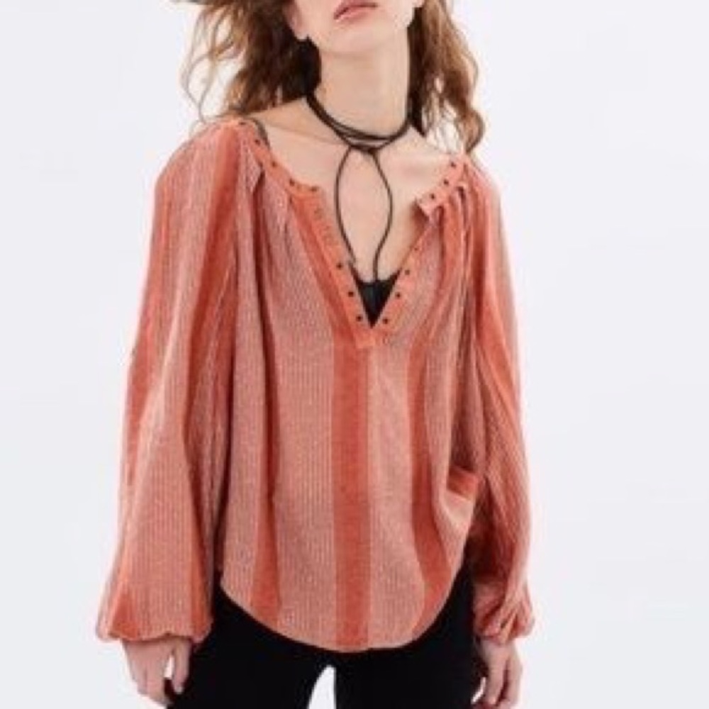 FREE PEOPLE Dusty Red Long Sleeve V Neck Blouse